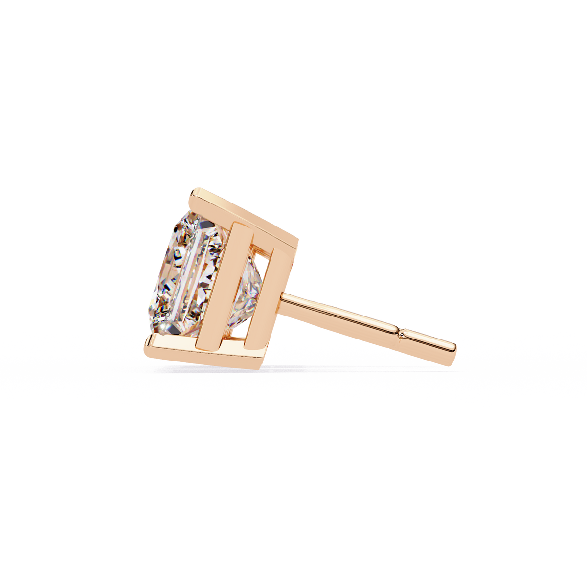 Rose gold earring with a clear gemstone on a white background