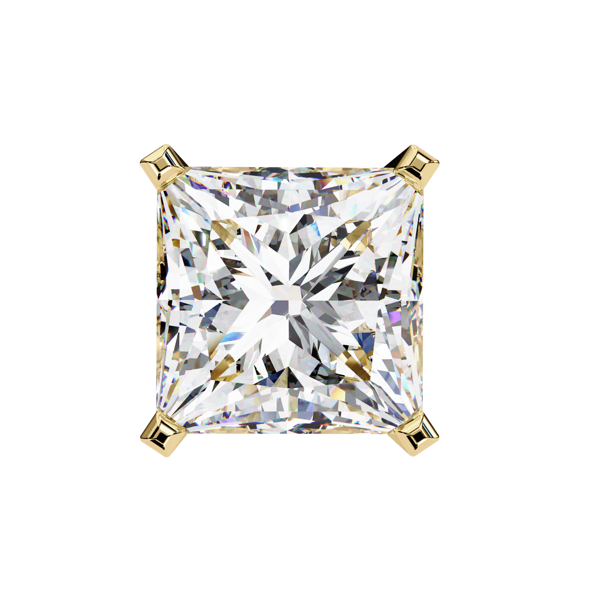 Princess-cut diamond with gold setting on a white background