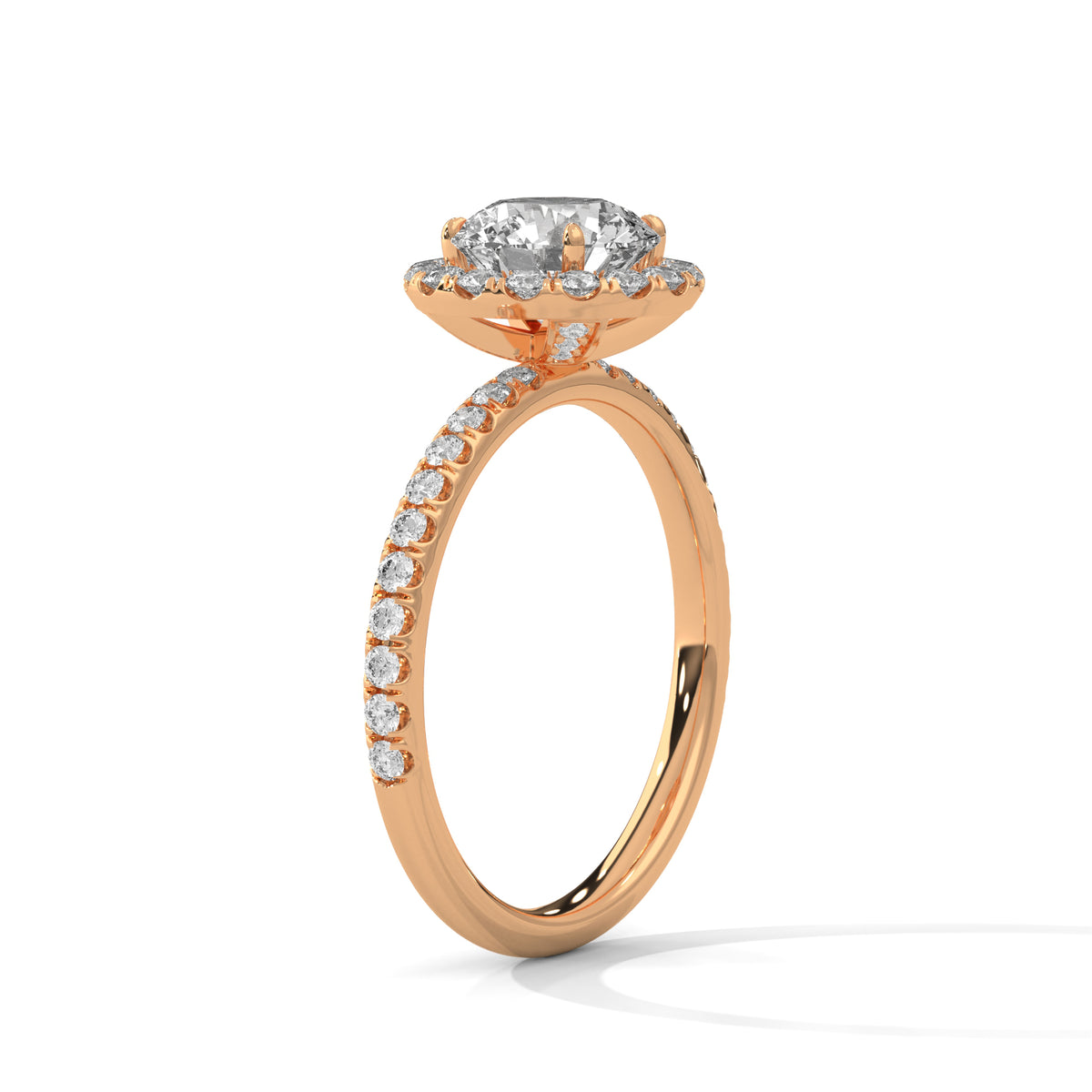 Rose gold ring with a diamond on a white background