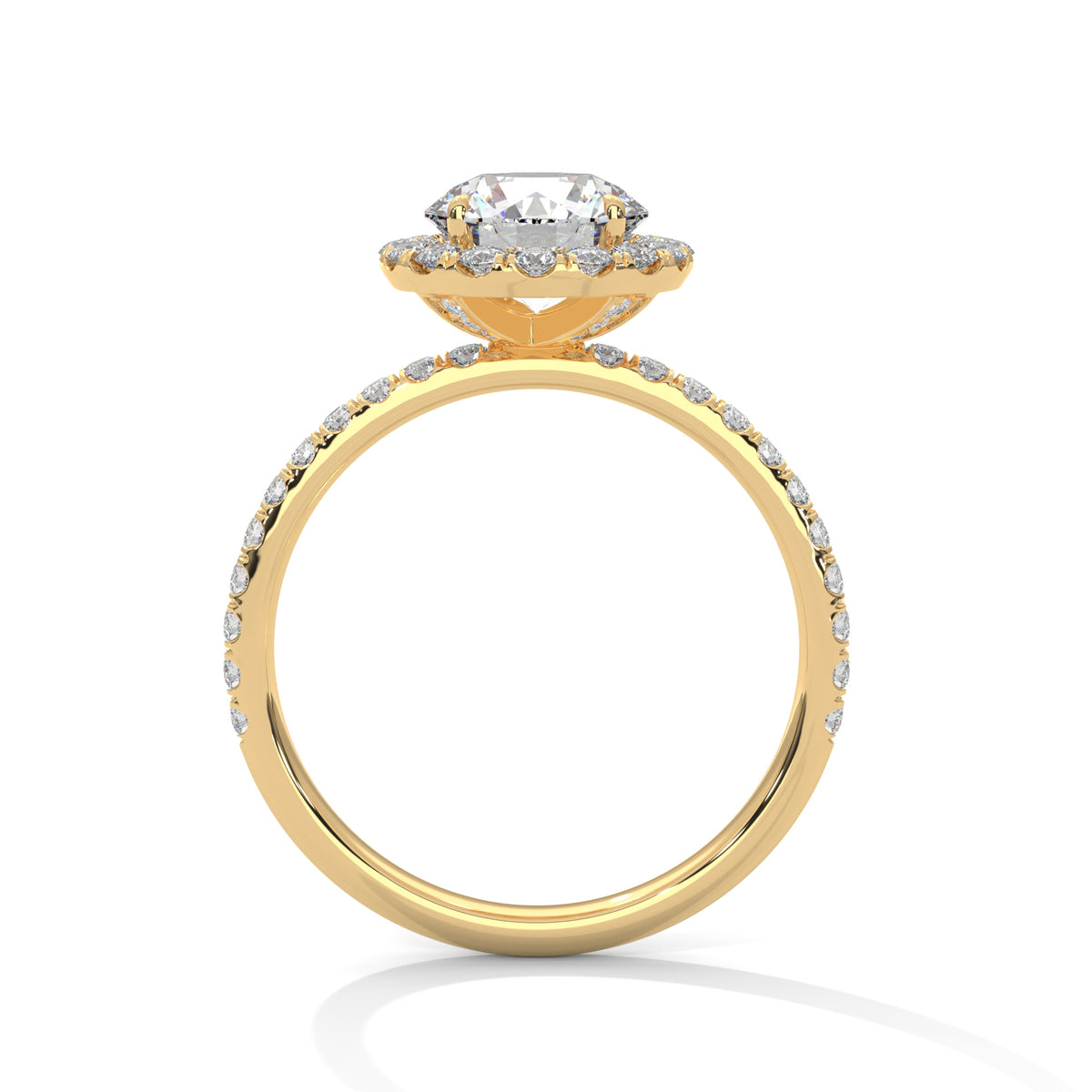 Gold ring with diamond accents on a white background