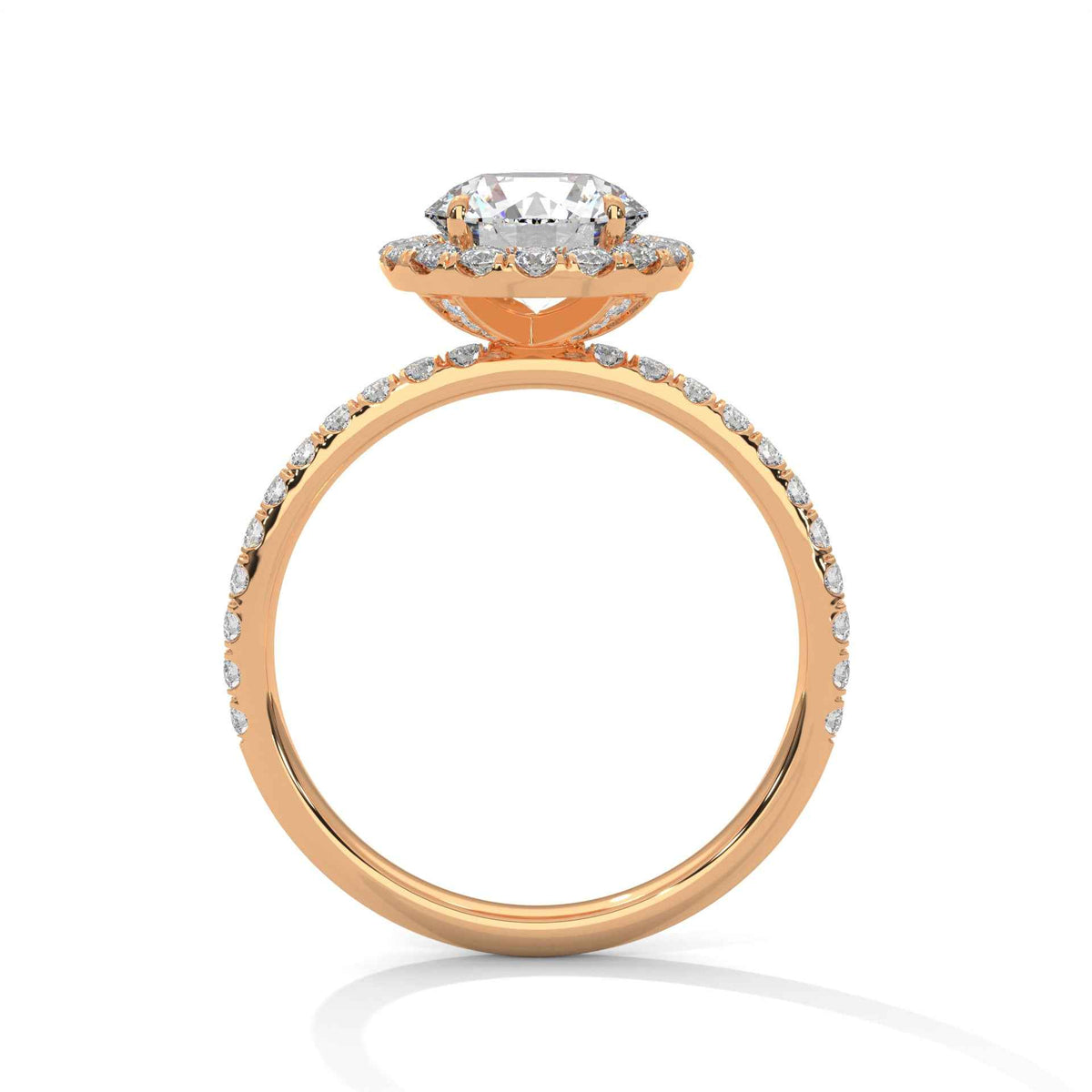 A rose gold engagement ring featuring a large oval-cut center stone in a halo setting, with a pavé band of small round stones, shown on a clean white background.