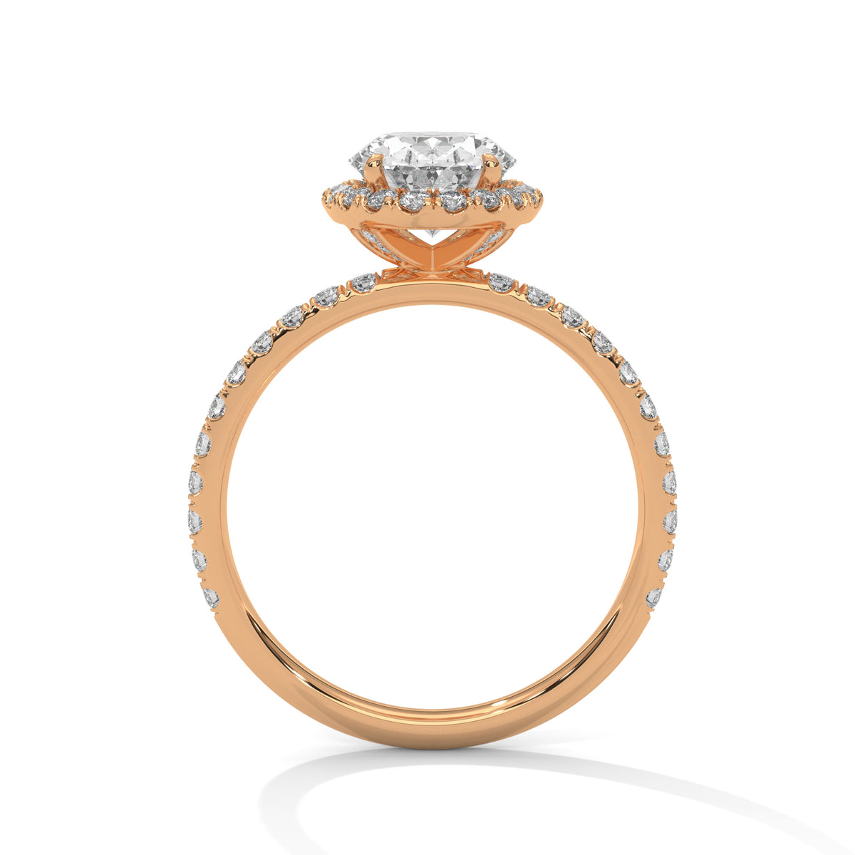 Rose gold ring with diamond accents on a white background