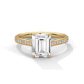 Rose gold ring with a large diamond and smaller diamonds on the band against a white background