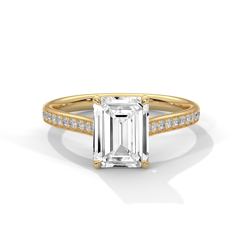 Rose gold ring with a large diamond and smaller diamonds on the band against a white background