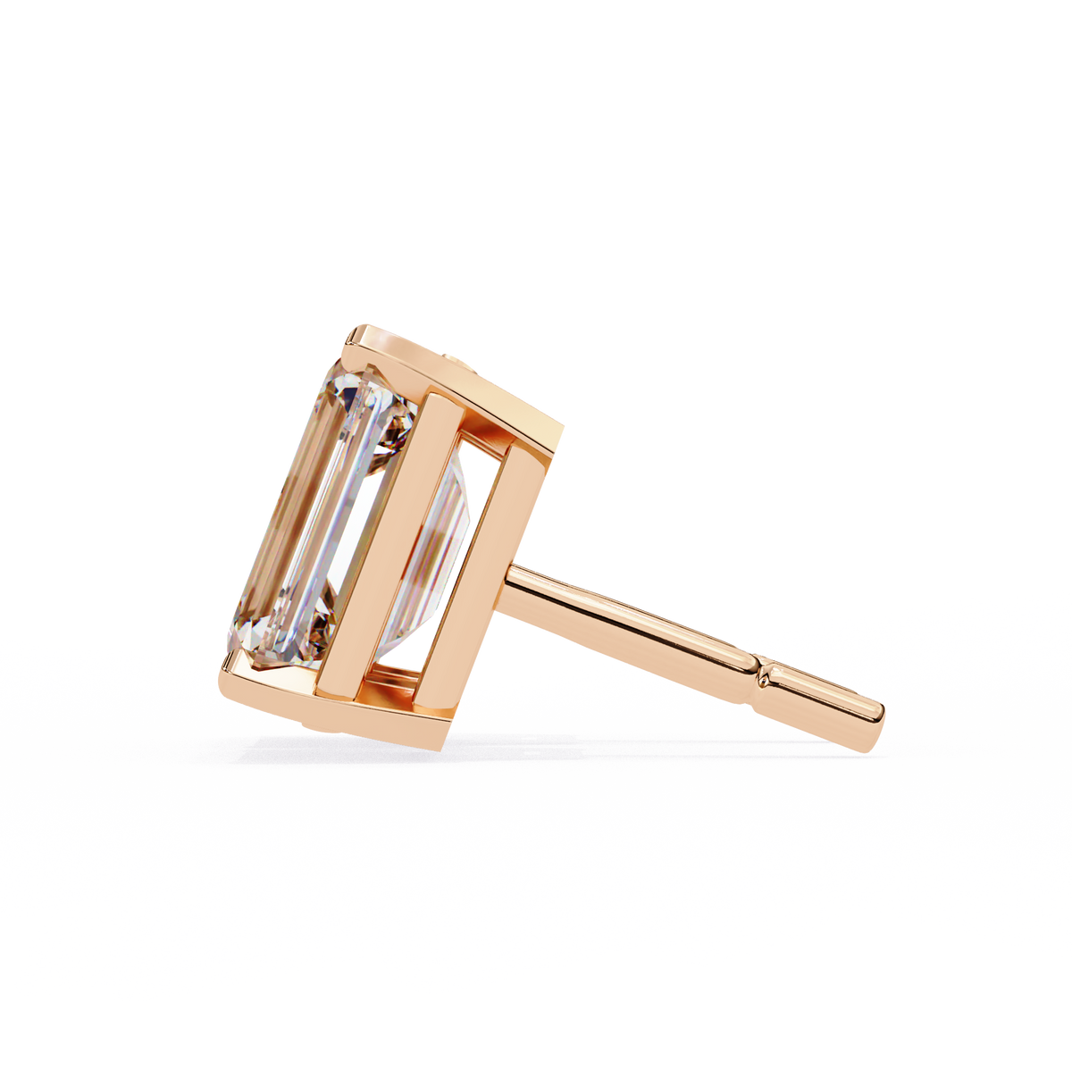 Rose gold earring with a clear gemstone on a white background