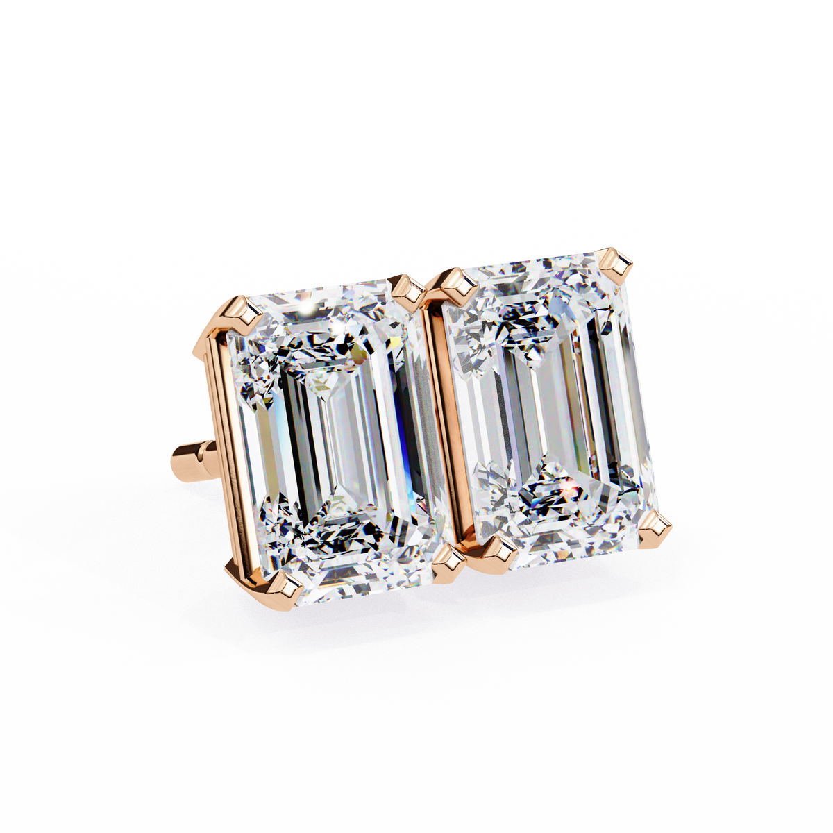 Rose gold earring with emerald-cut diamonds on a white background