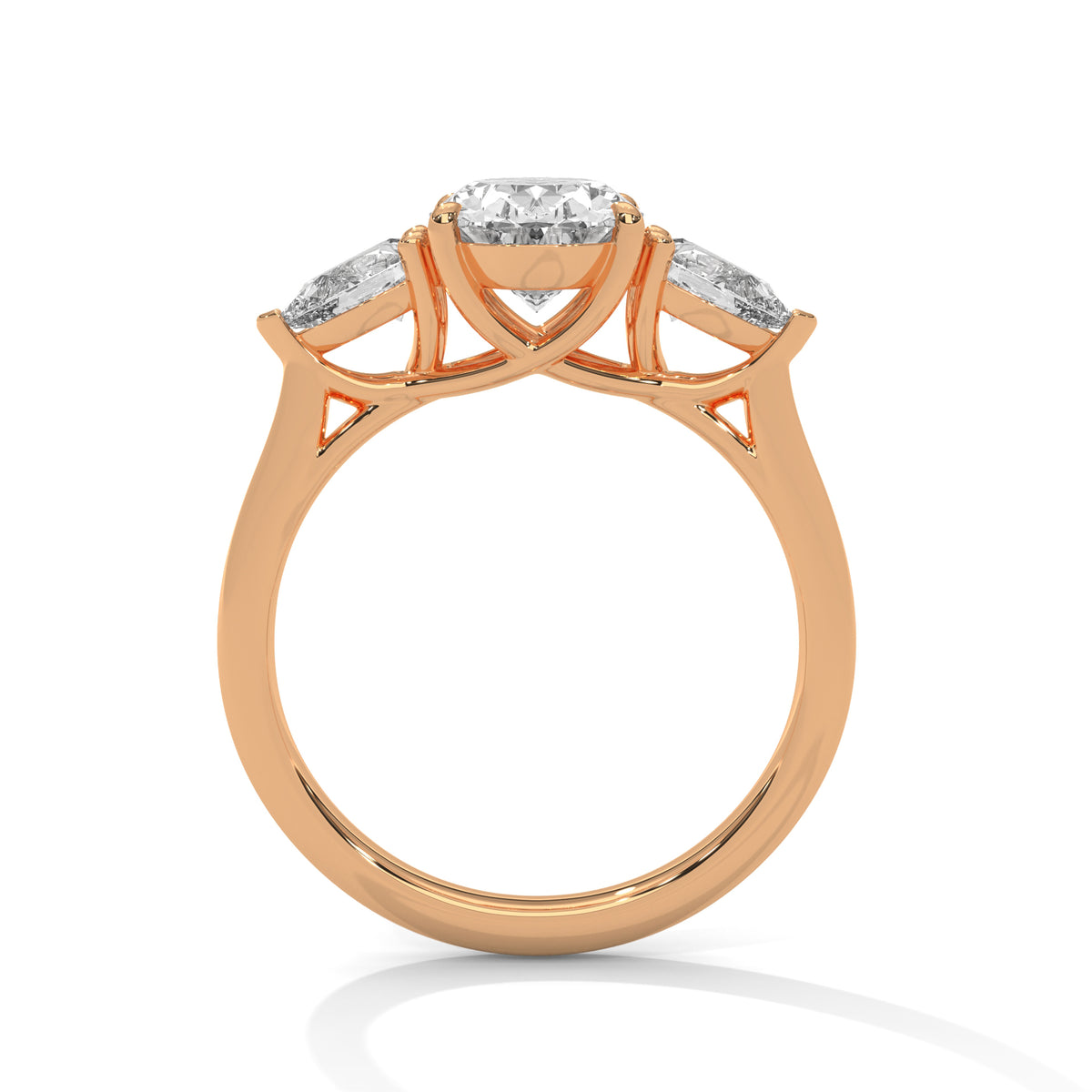 Rose gold ring with diamonds on a white background