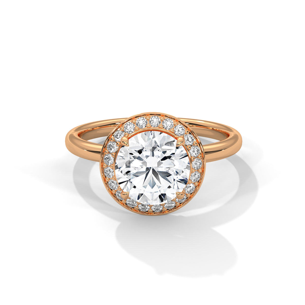 Rose gold ring with a large diamond and smaller diamonds around on a white background