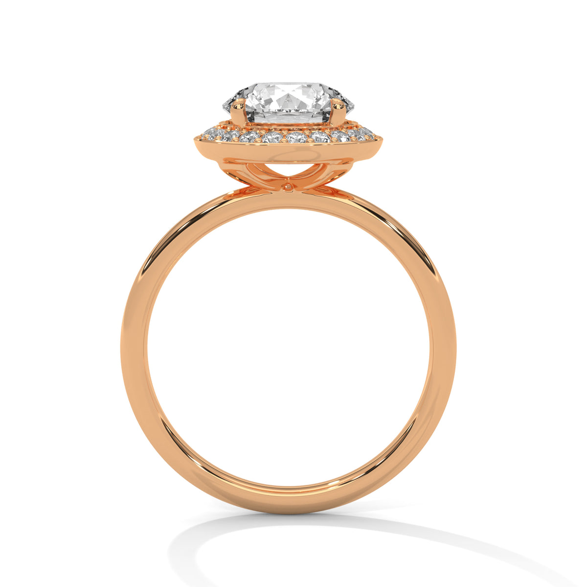 Rose gold ring with a diamond on a white background