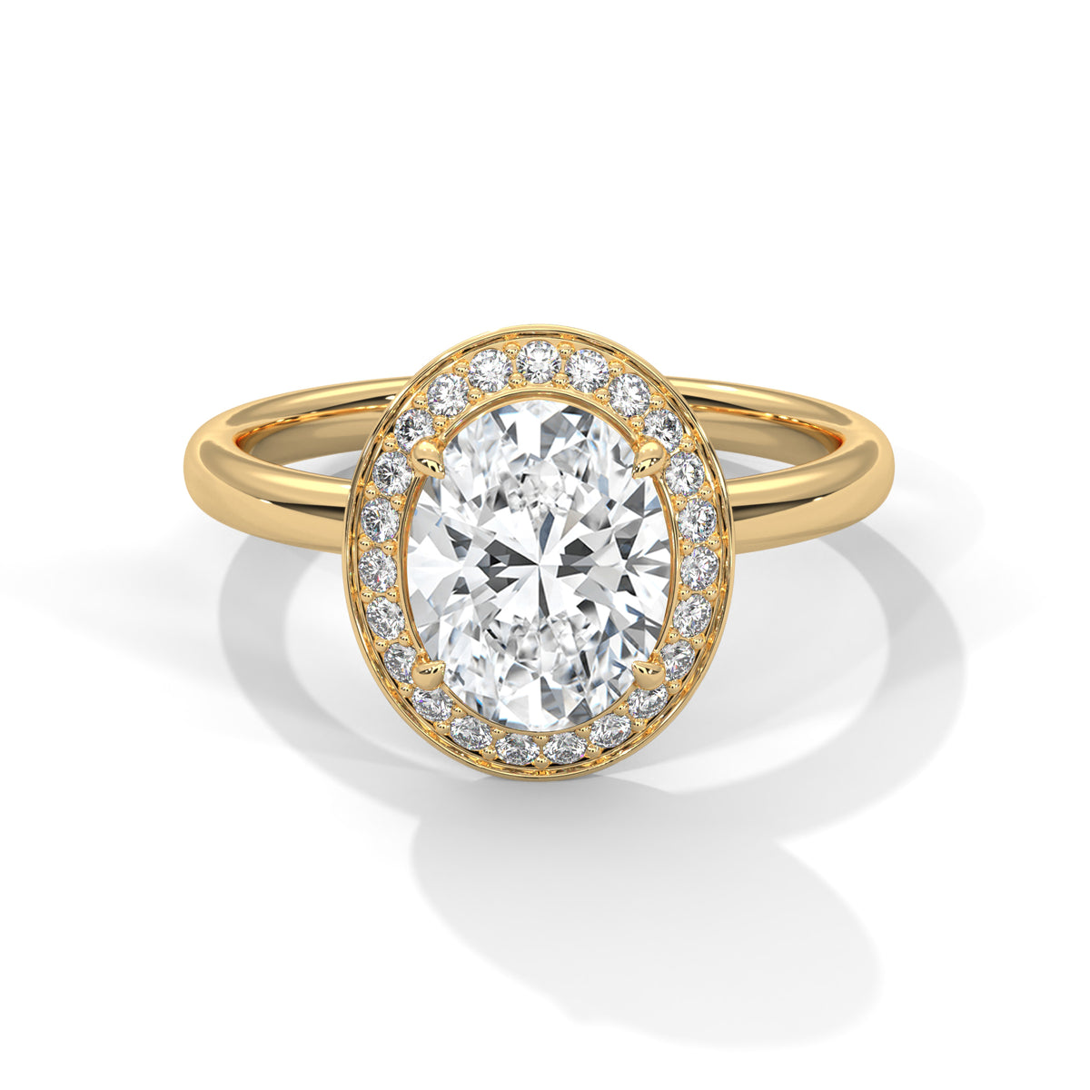Gold ring with a large diamond and smaller diamonds around on a white background