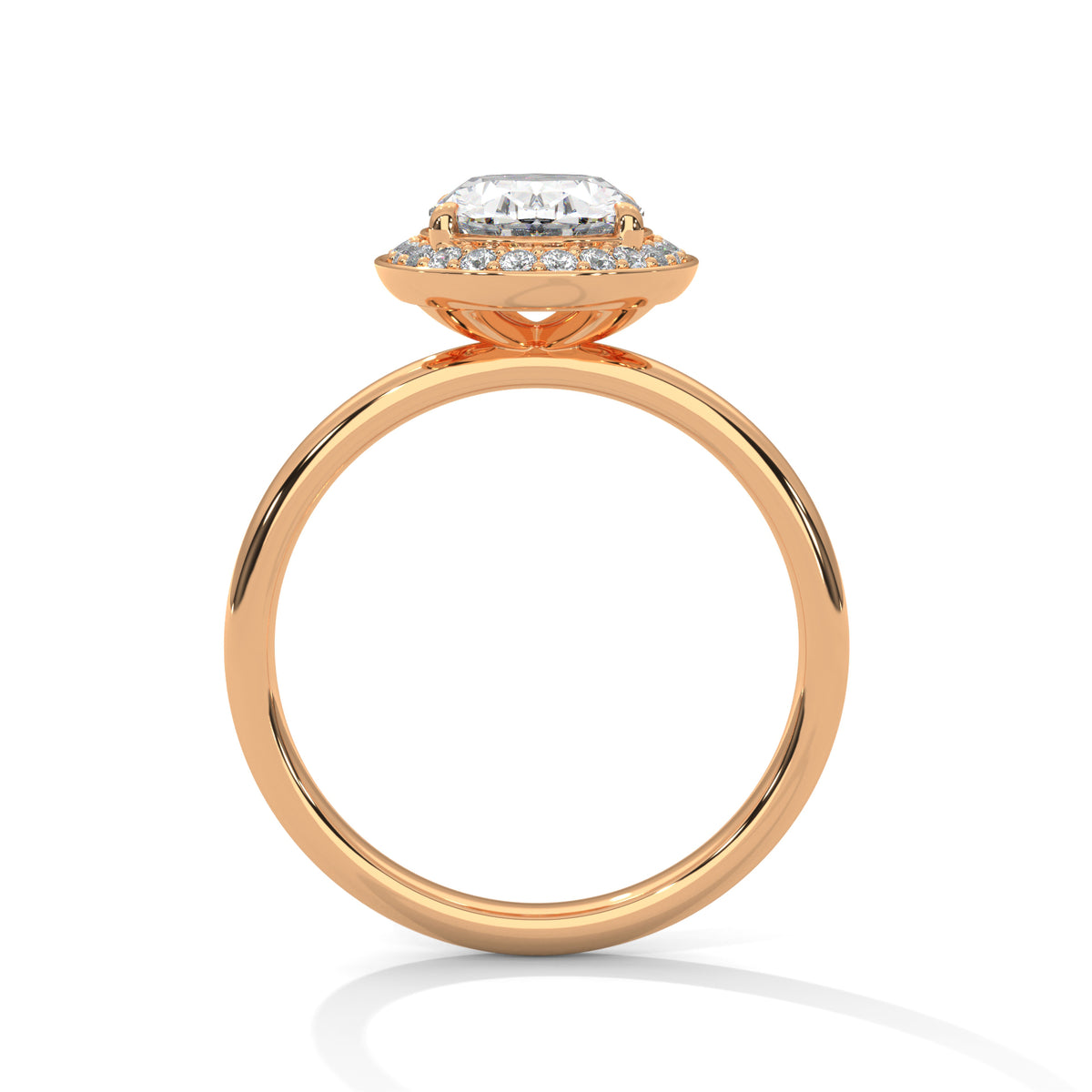 Rose gold ring with a diamond on a white background