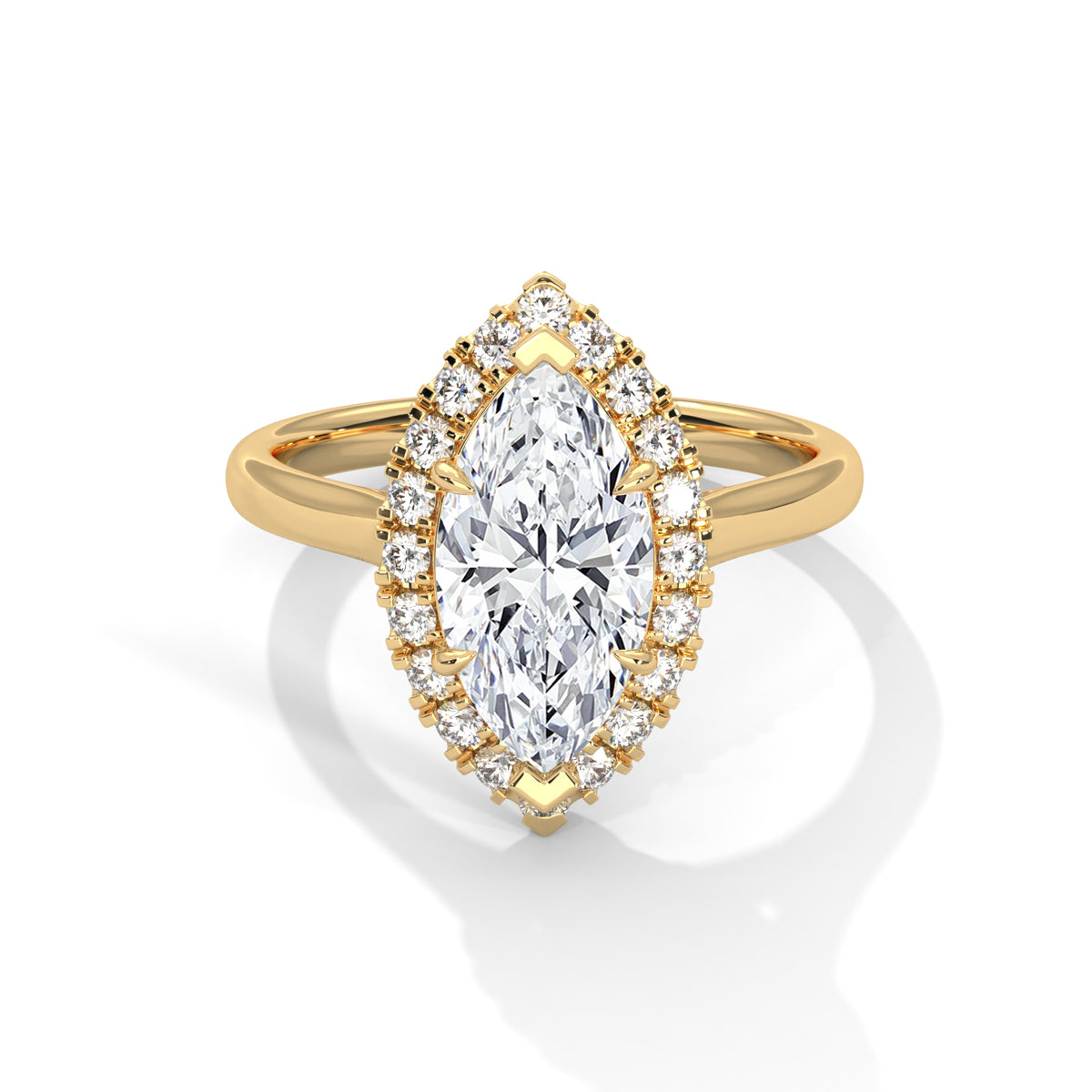 Gold ring with a large diamond and smaller diamonds around on a white background