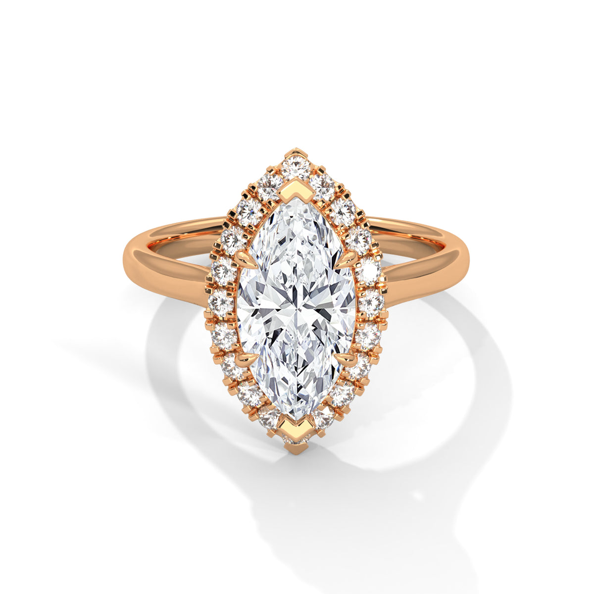 Rose gold ring with a large diamond and smaller diamonds around on a white background