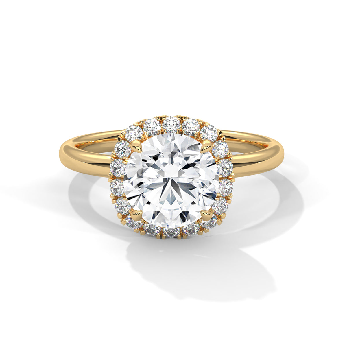 Gold ring with a large diamond and smaller diamonds around on a white background