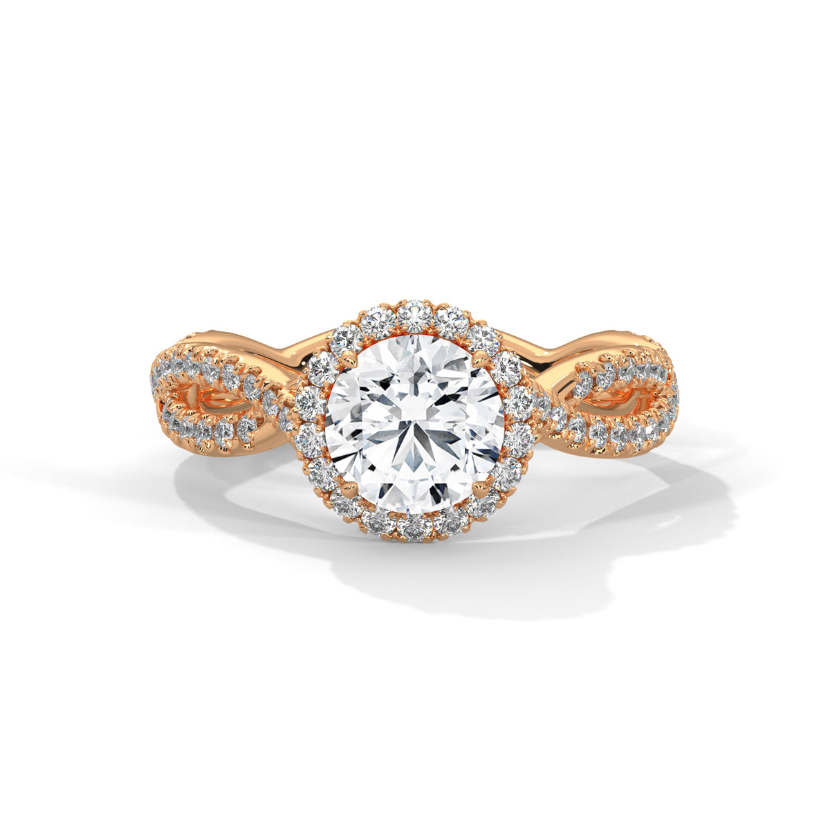 Rose gold ring with a large diamond on a white background