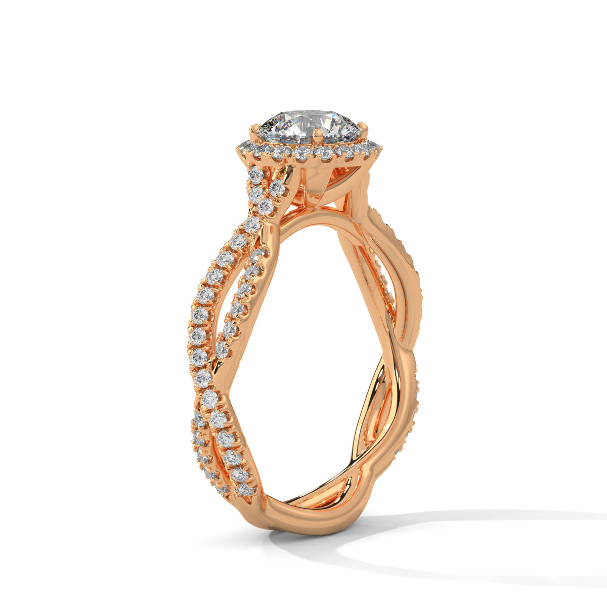 Rose gold ring with diamond accents on a white background