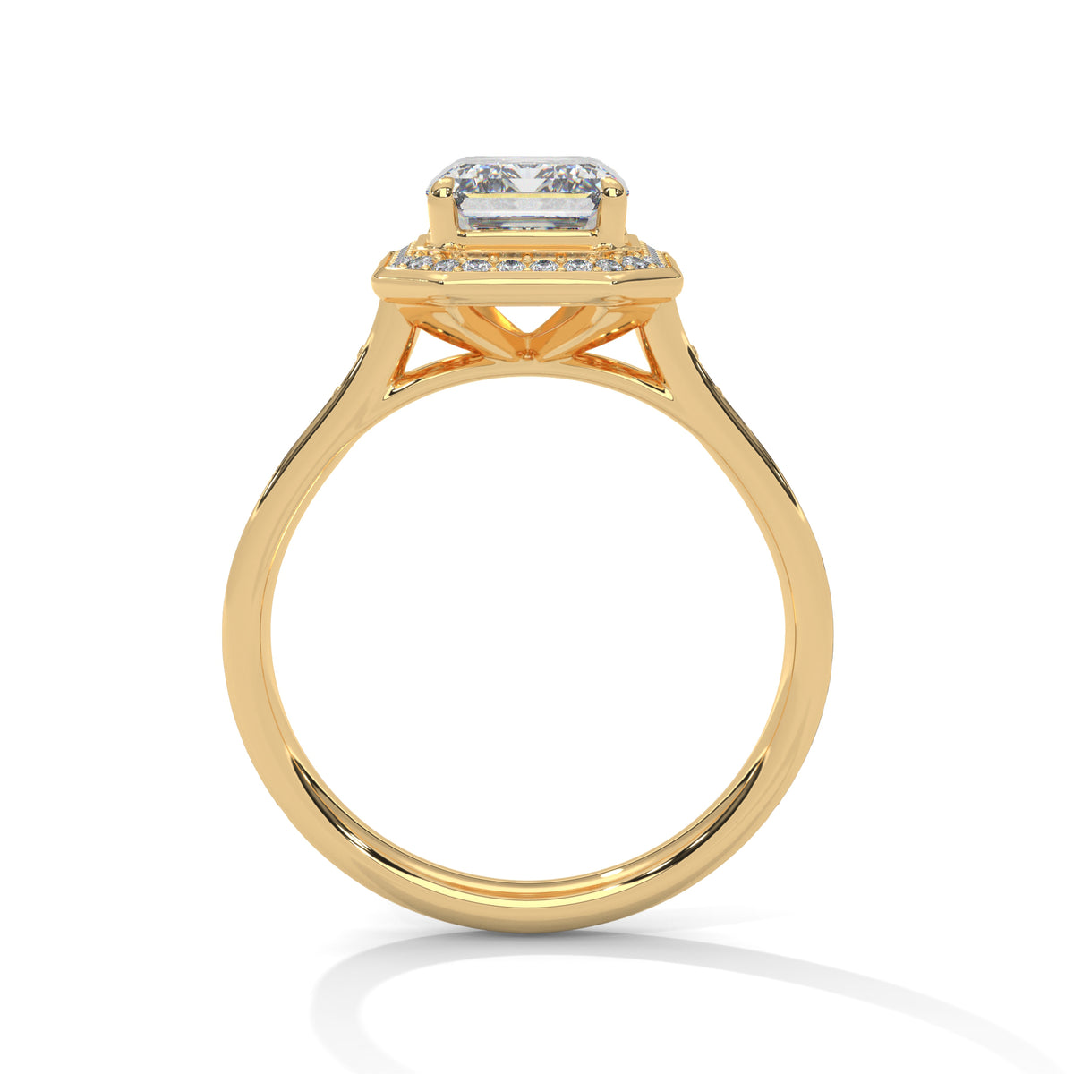 Gold ring with a diamond on a white background