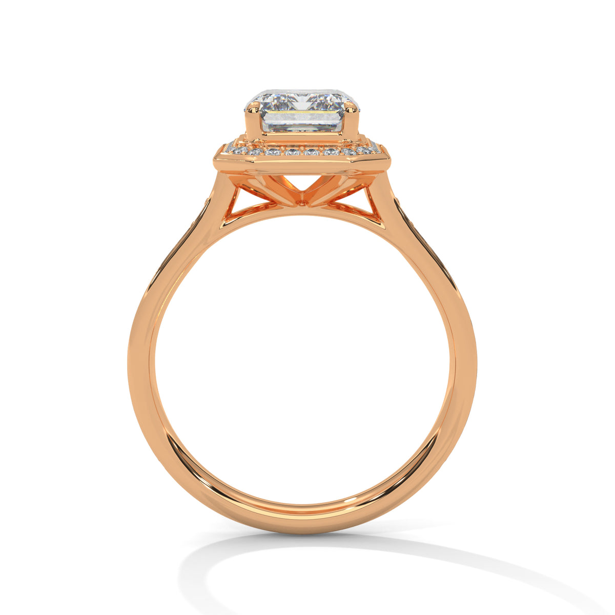 Rose gold ring with a diamond on a white background