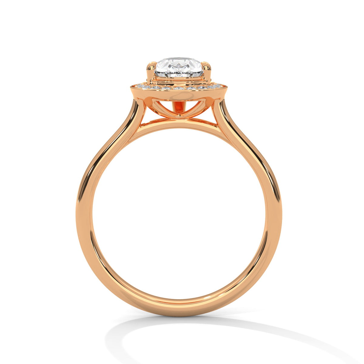Rose gold ring with a diamond on a white background