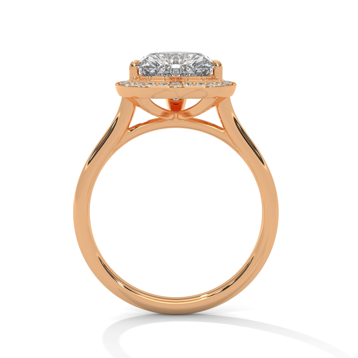 Rose gold ring with a diamond on a white background