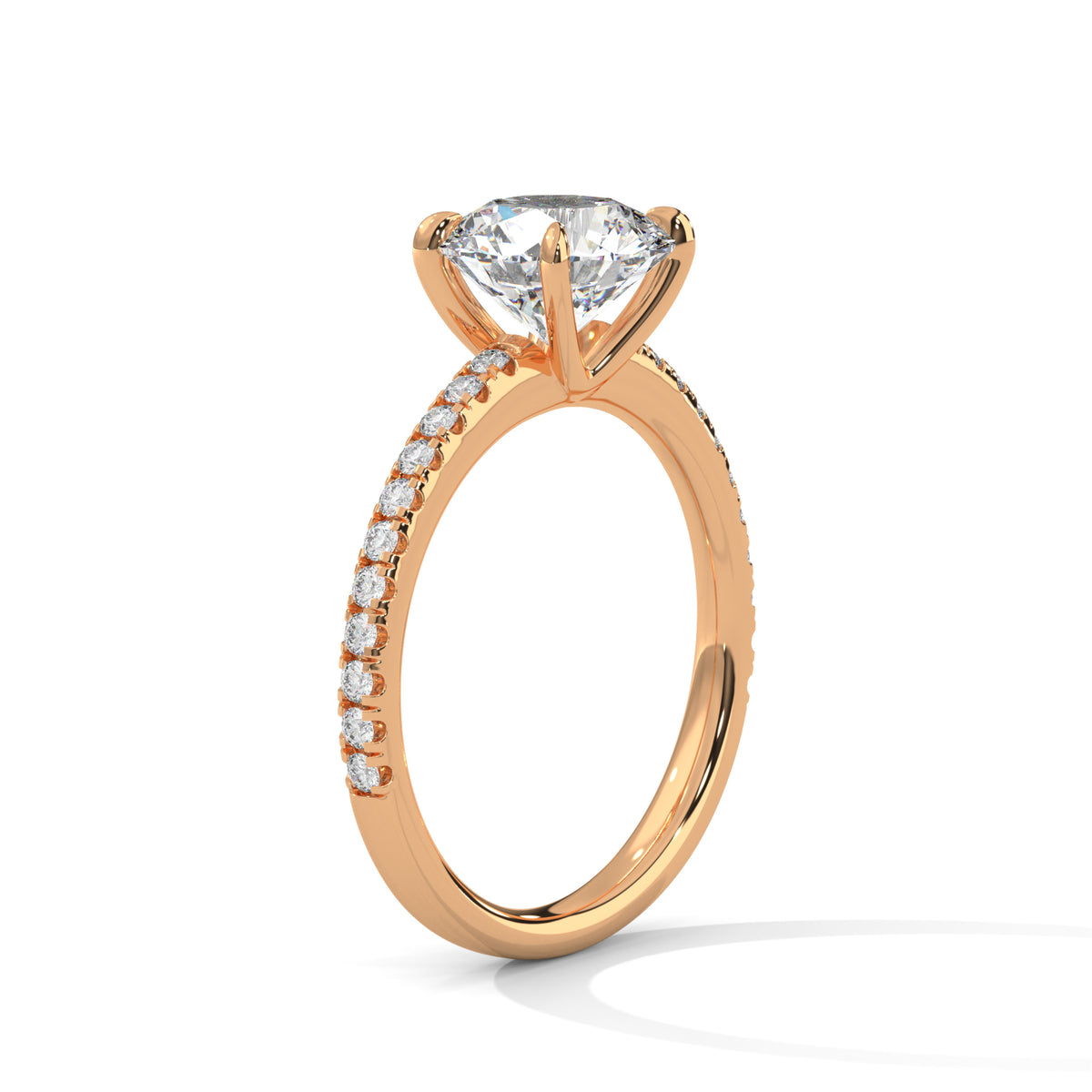 Rose gold ring with a large diamond and smaller diamonds on the band against a white background