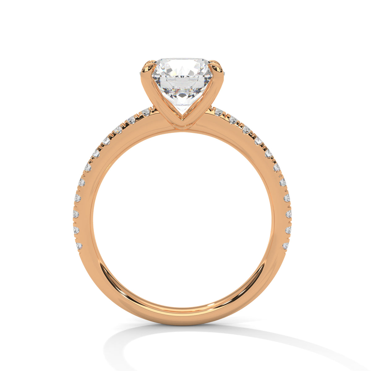 Rose gold ring with a diamond on a white background