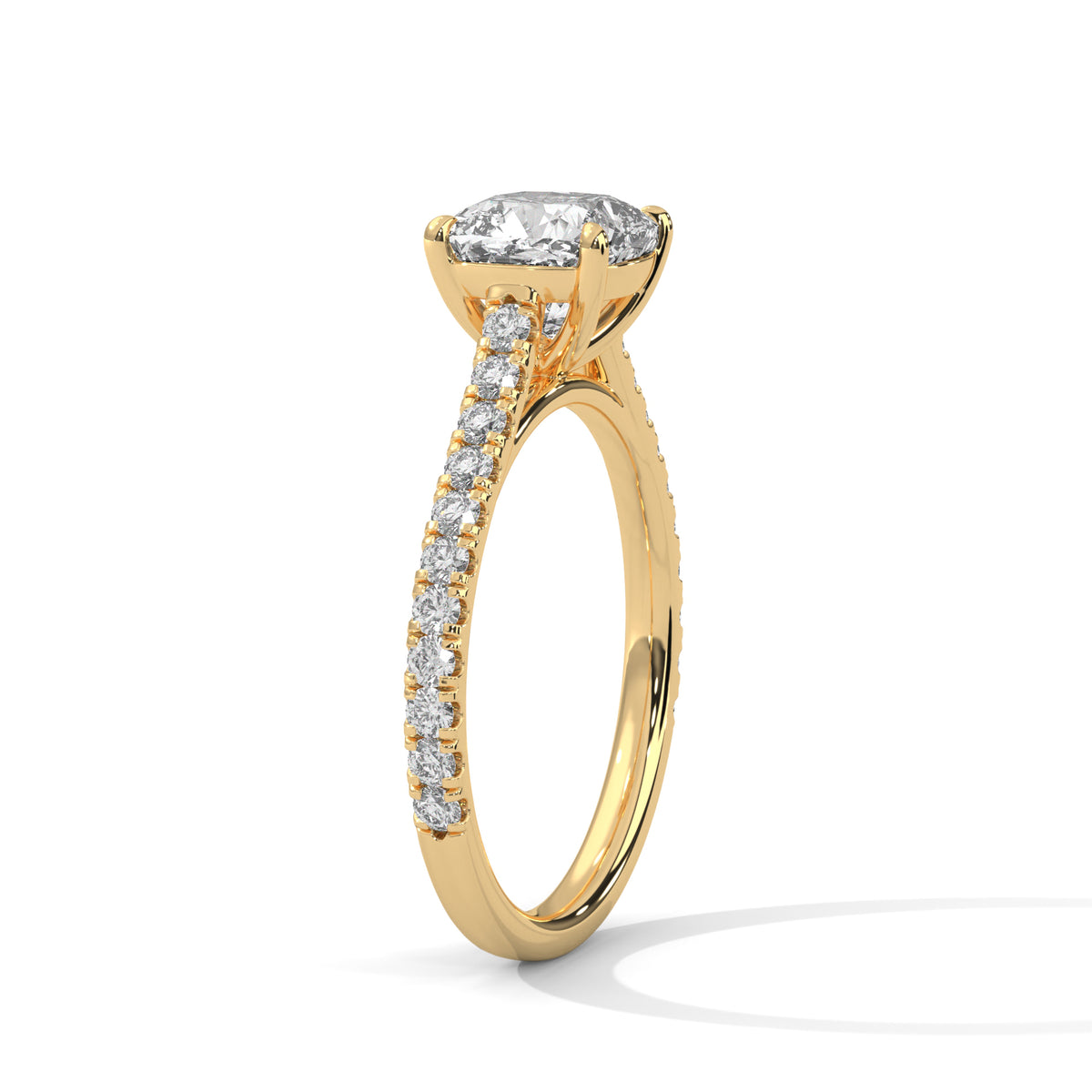 Gold ring with a diamond on a white background