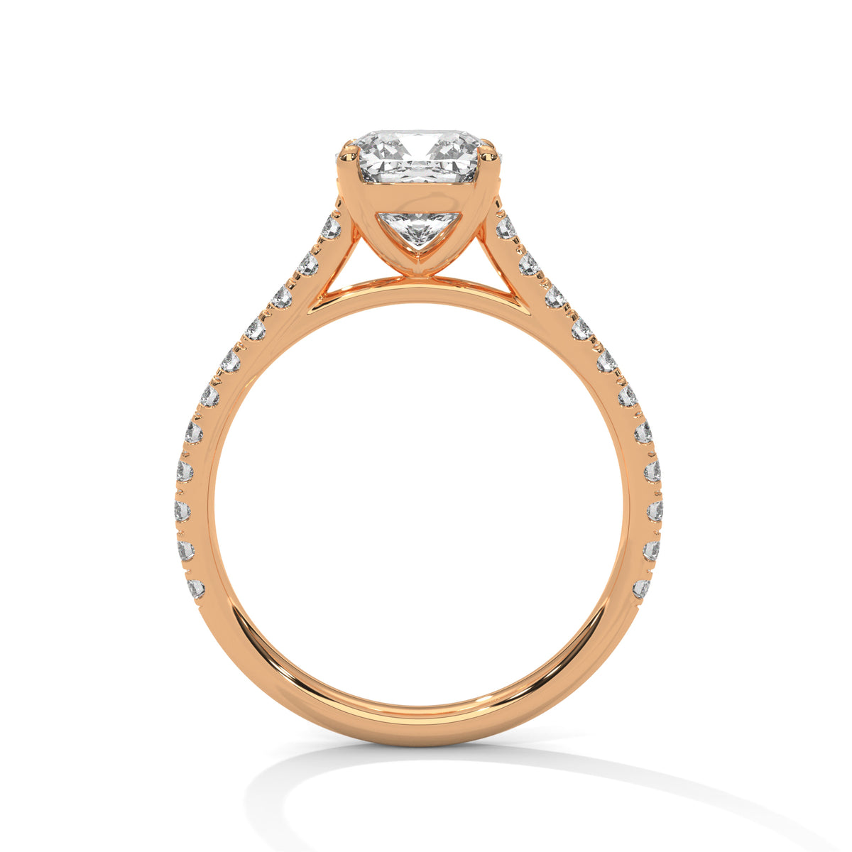 Rose gold ring with a diamond on a white background