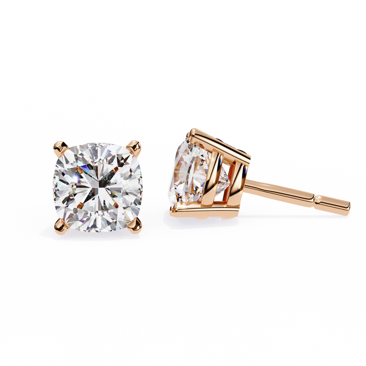 Rose gold stud earrings with clear gemstones on a white background