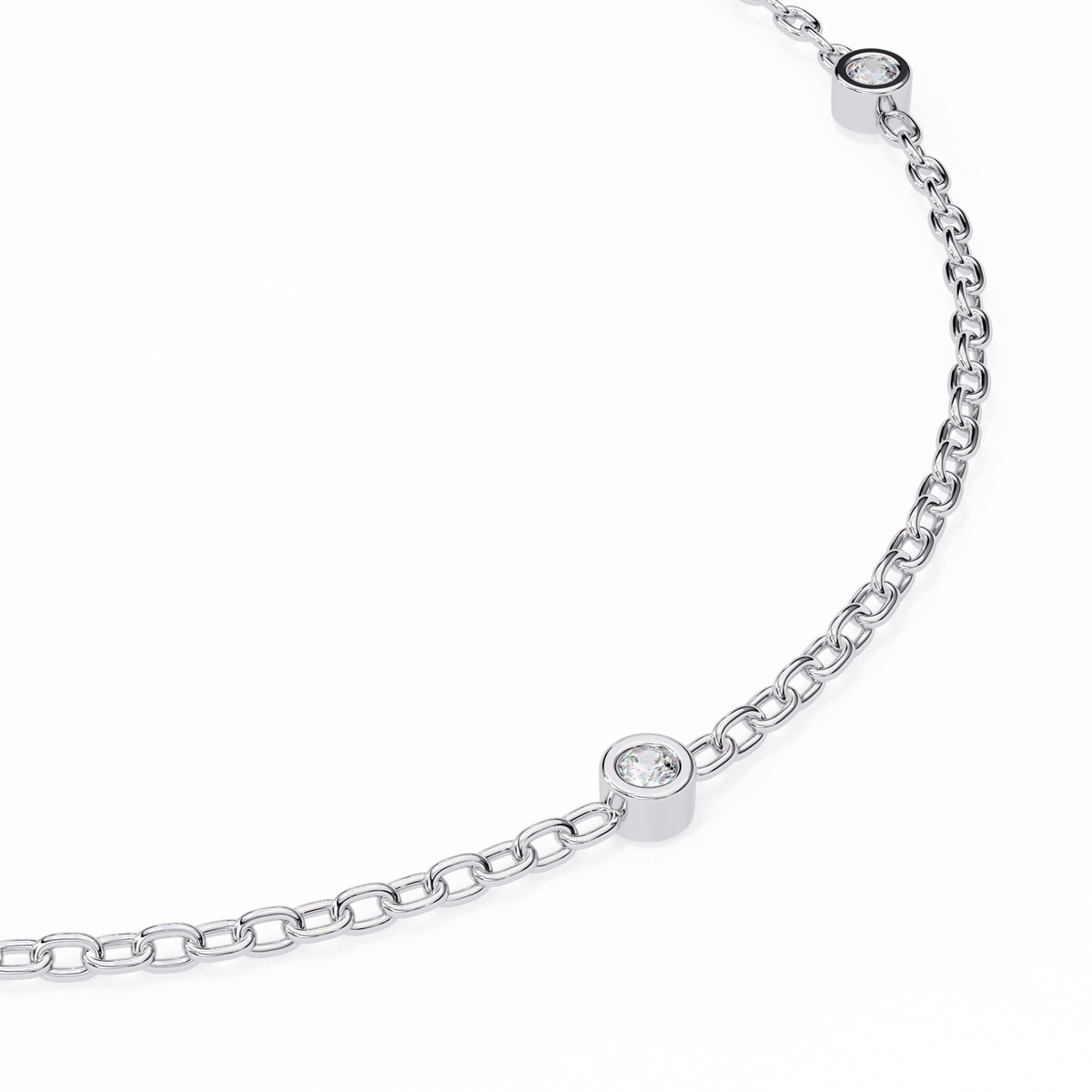 Silver chain bracelet with diamond-like beads on a white background