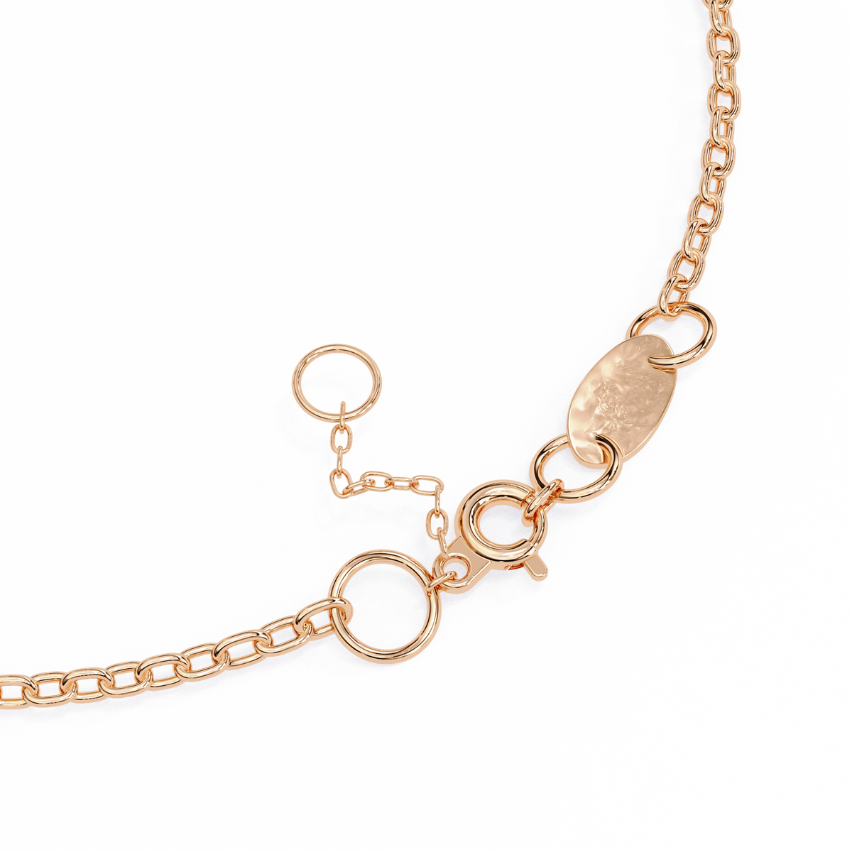 Rose gold bracelet with various links on a white background