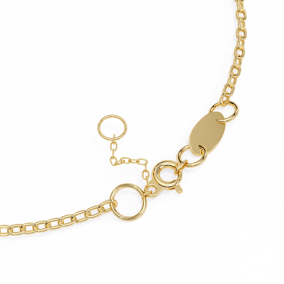 Gold bracelet with various links on a white background