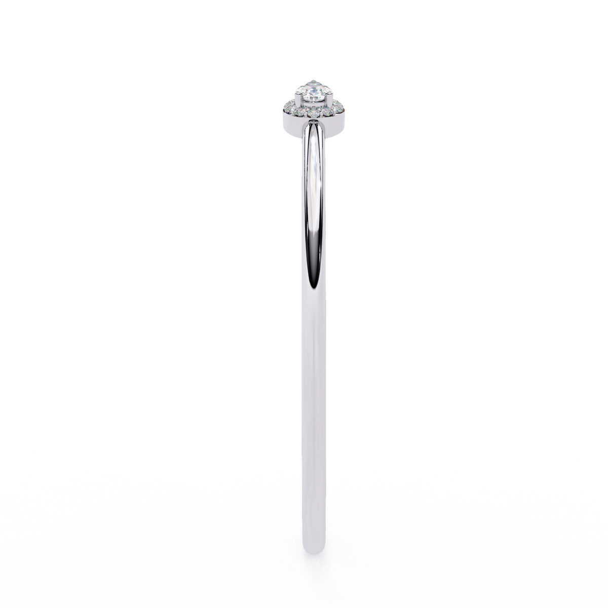 A slim silver-toned ring featuring a small cluster of clear stones in a floral or clover-like setting at the top, centered on a plain white background.