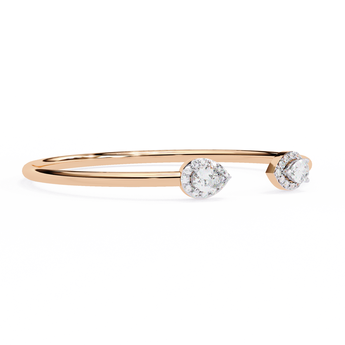Rose gold bracelet with two clear gemstones on a white background