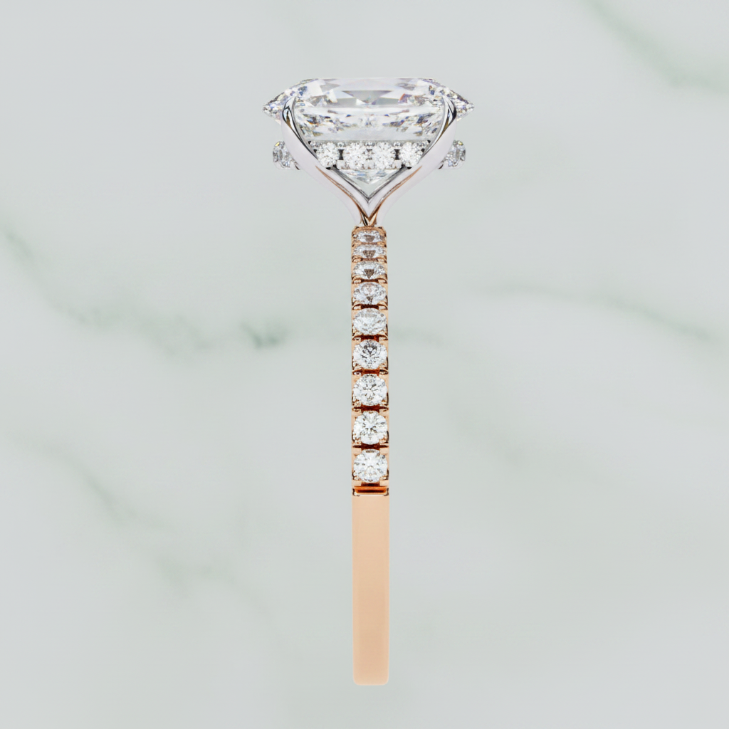 Diamond ring with rose gold band on a white background