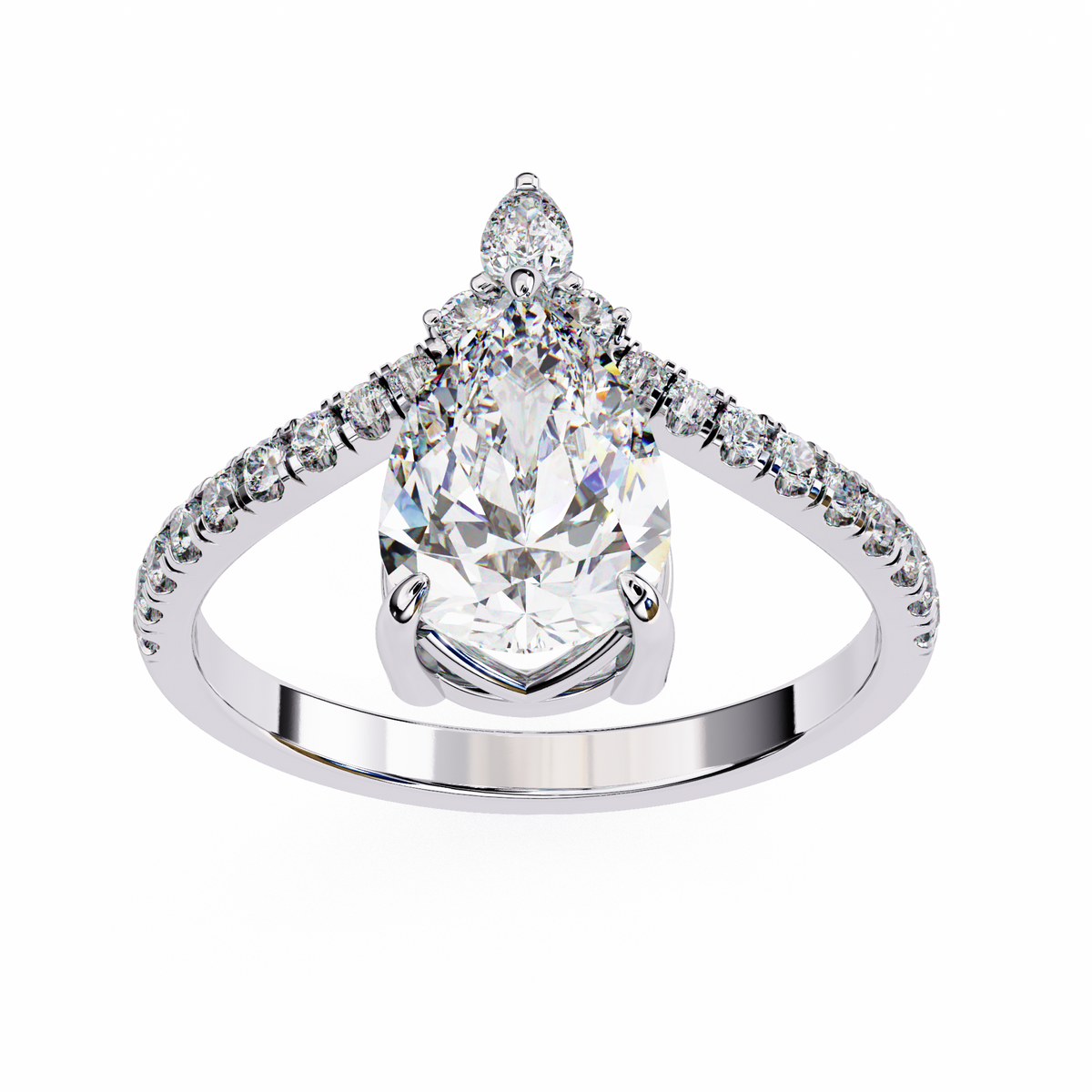 Diamond ring with a pear-shaped center stone on a white background