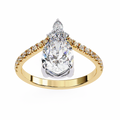 Gold ring with a large diamond and smaller diamonds on the band against a white background
