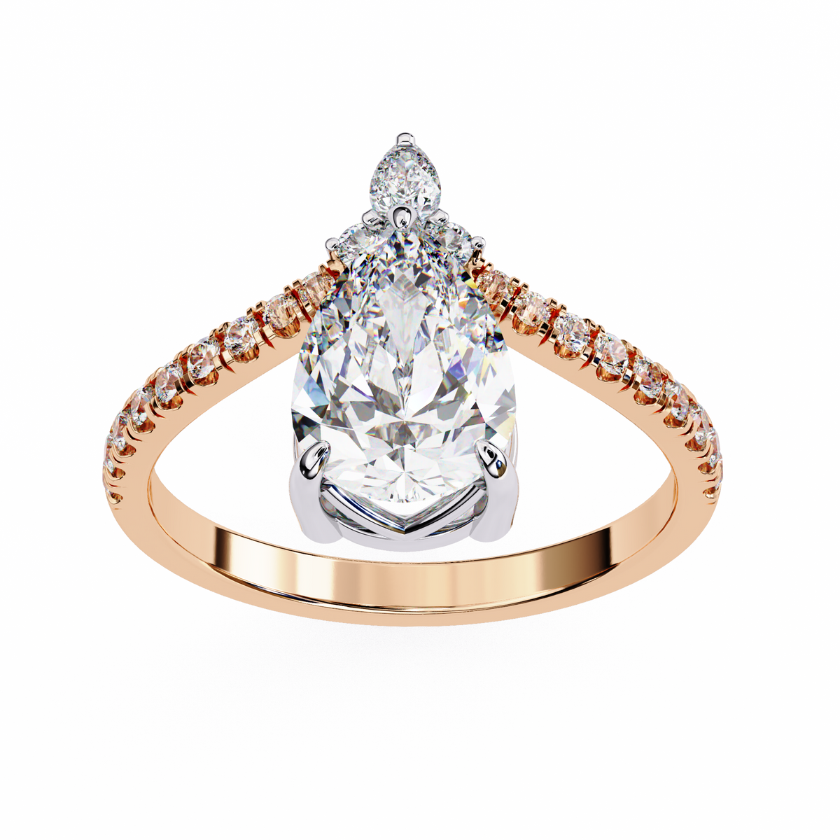 Rose gold ring with a large pear-shaped diamond and smaller diamonds on the band against a white background
