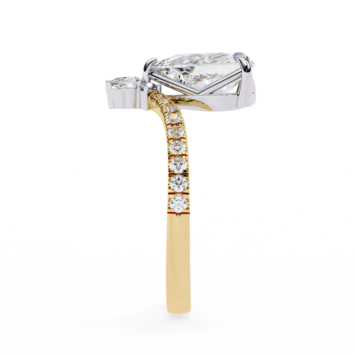 Diamond ring with a yellow gold band on a white background