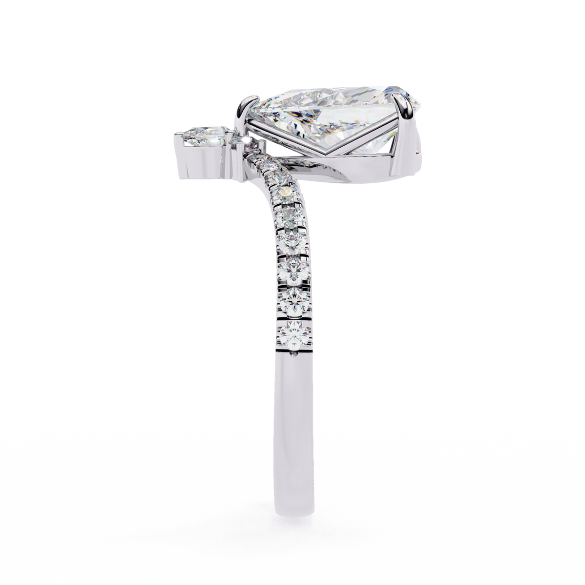 Diamond ring with a pear-shaped center stone on a white background