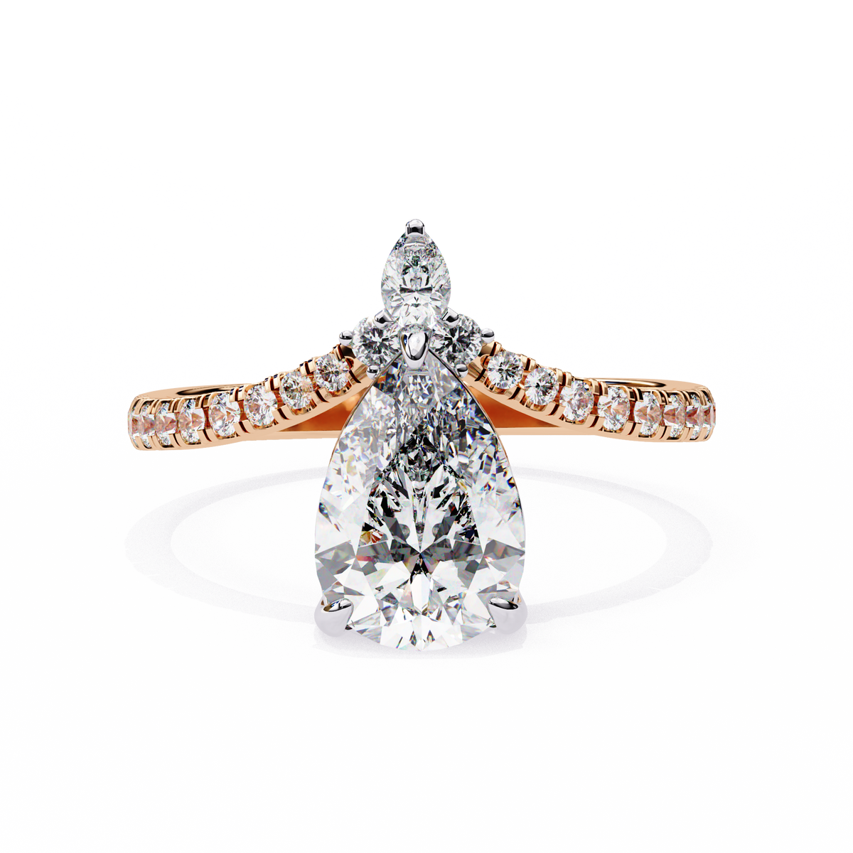 Diamond ring with rose gold band on a white background