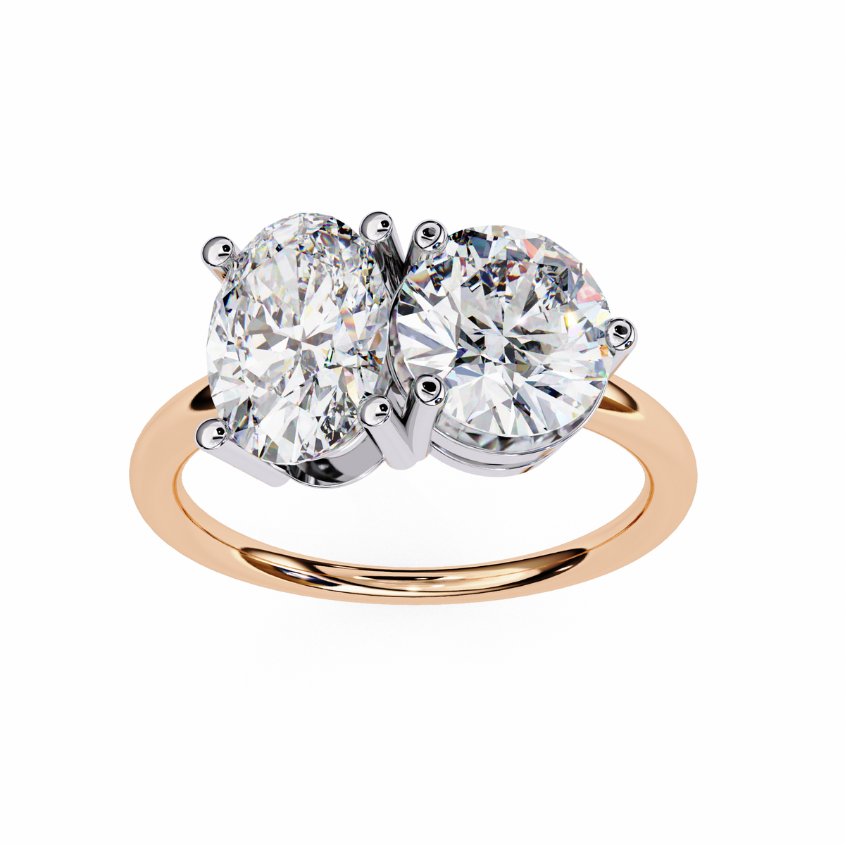 Rose gold ring with two large diamonds on a white background