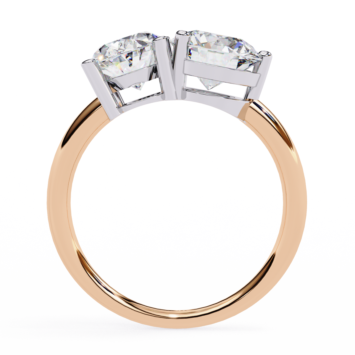 Rose gold ring with two diamond stones on a white background