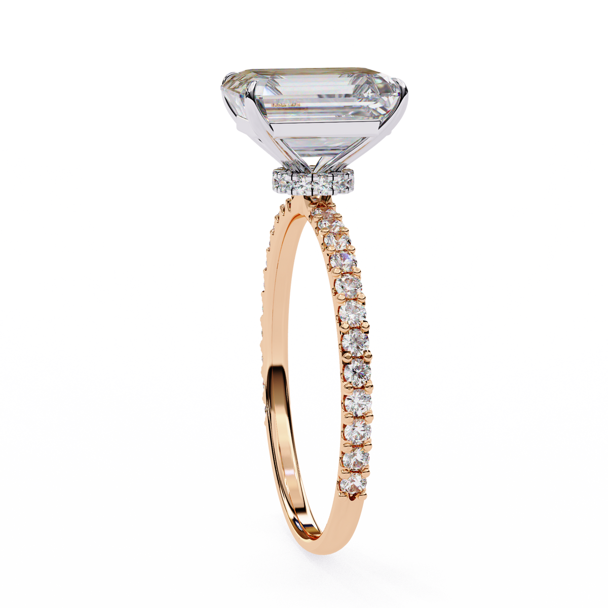 Rose gold ring with a large diamond and smaller diamonds on the band against a white background