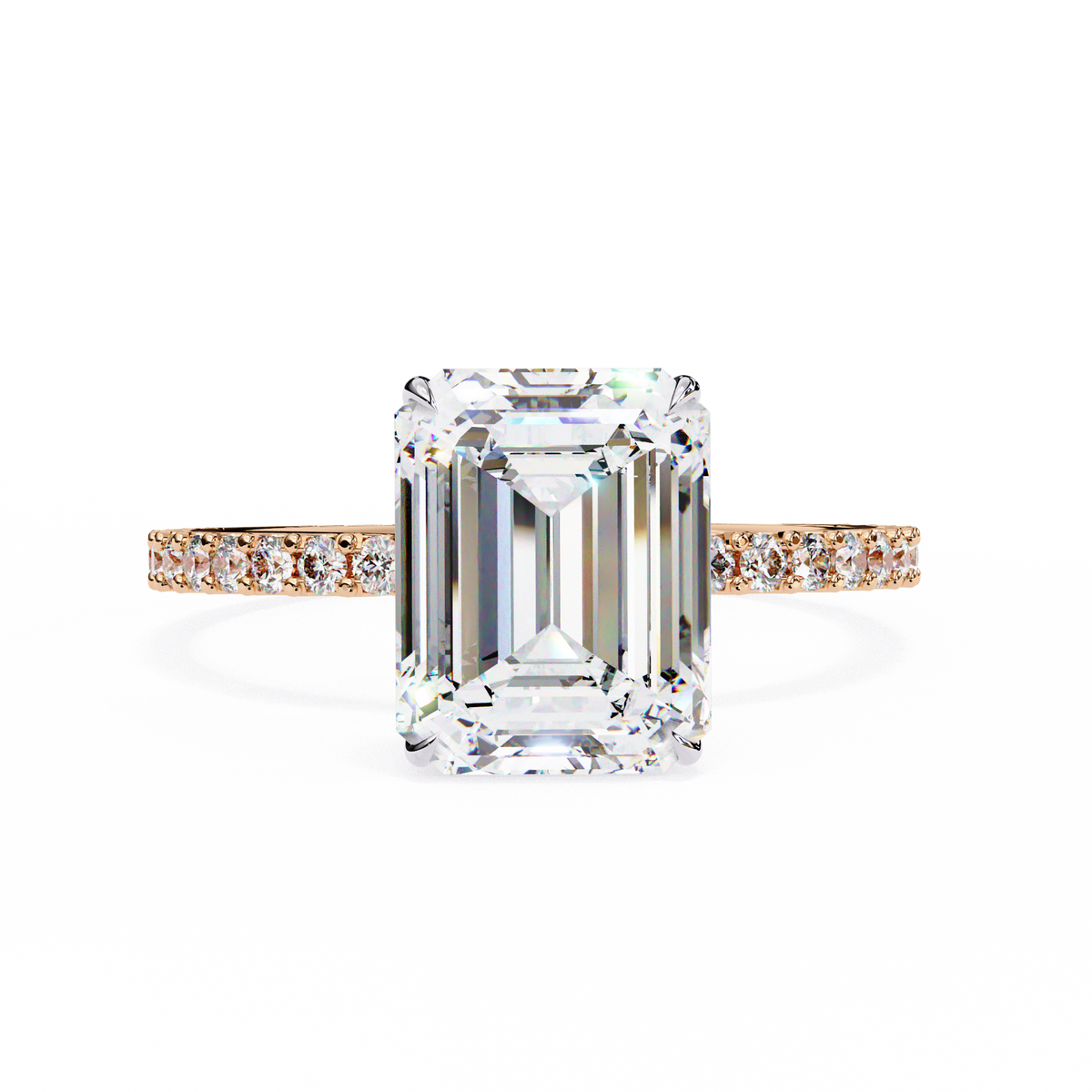 Diamond ring with emerald-cut center stone and rose gold band on white background