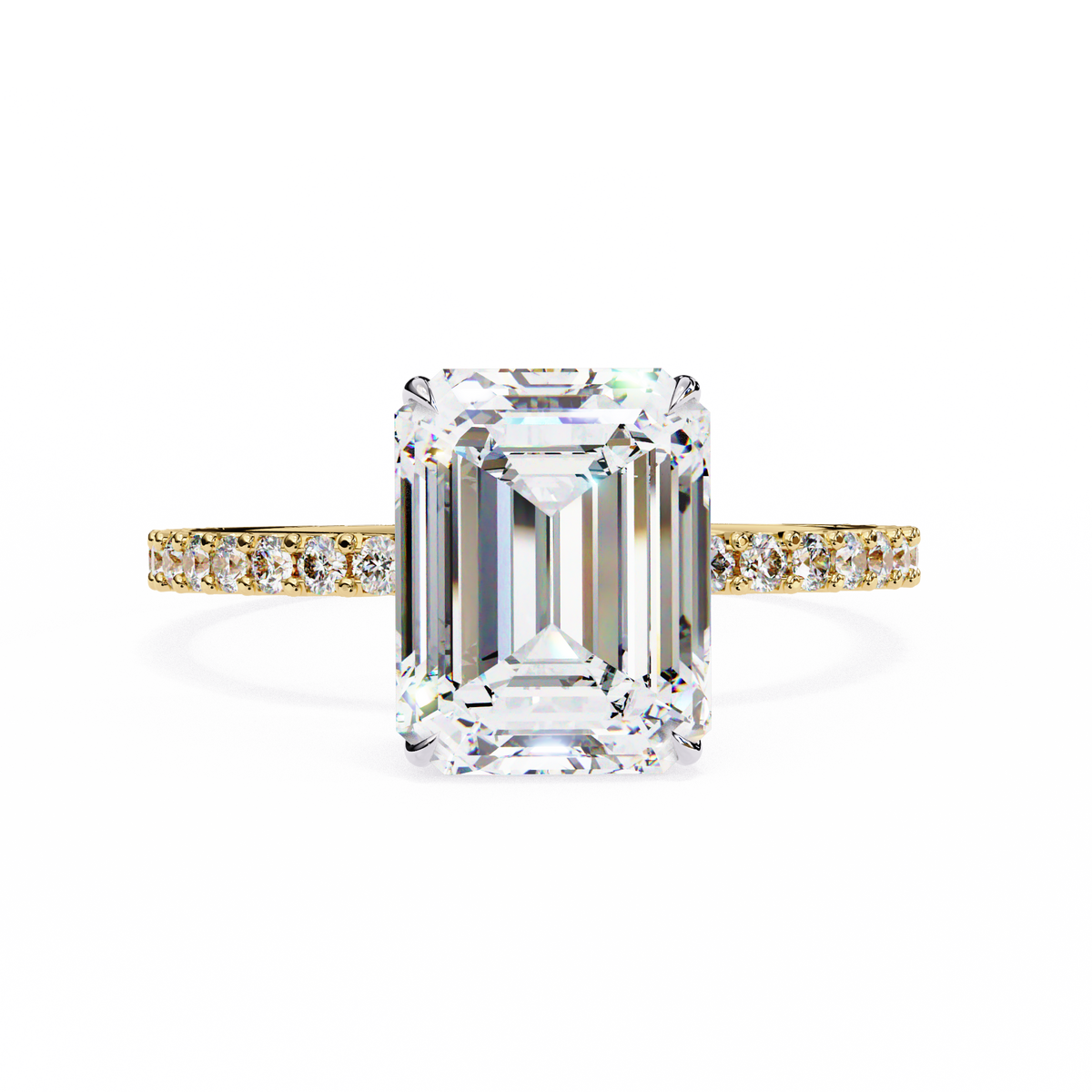 Diamond ring with emerald-cut center stone and rose gold band on white background