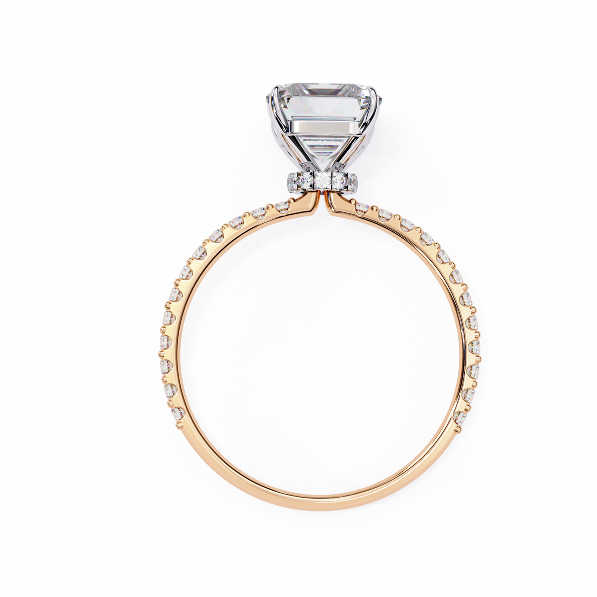 Rose gold ring with a diamond on a white background