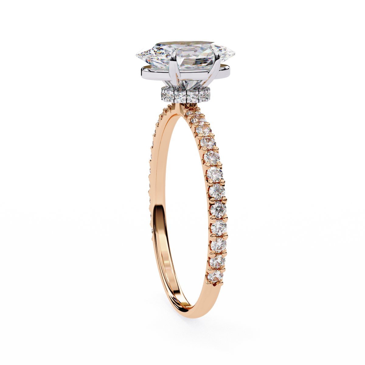 Rose gold ring with a diamond on a white background