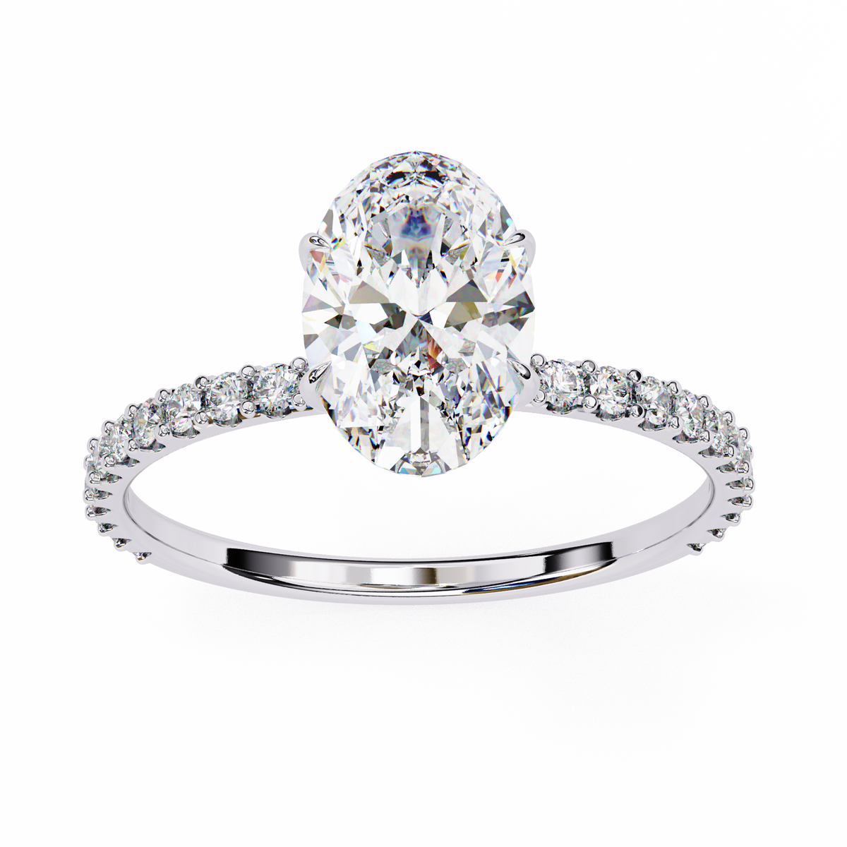 Diamond ring with a large central gemstone and smaller stones on a white background