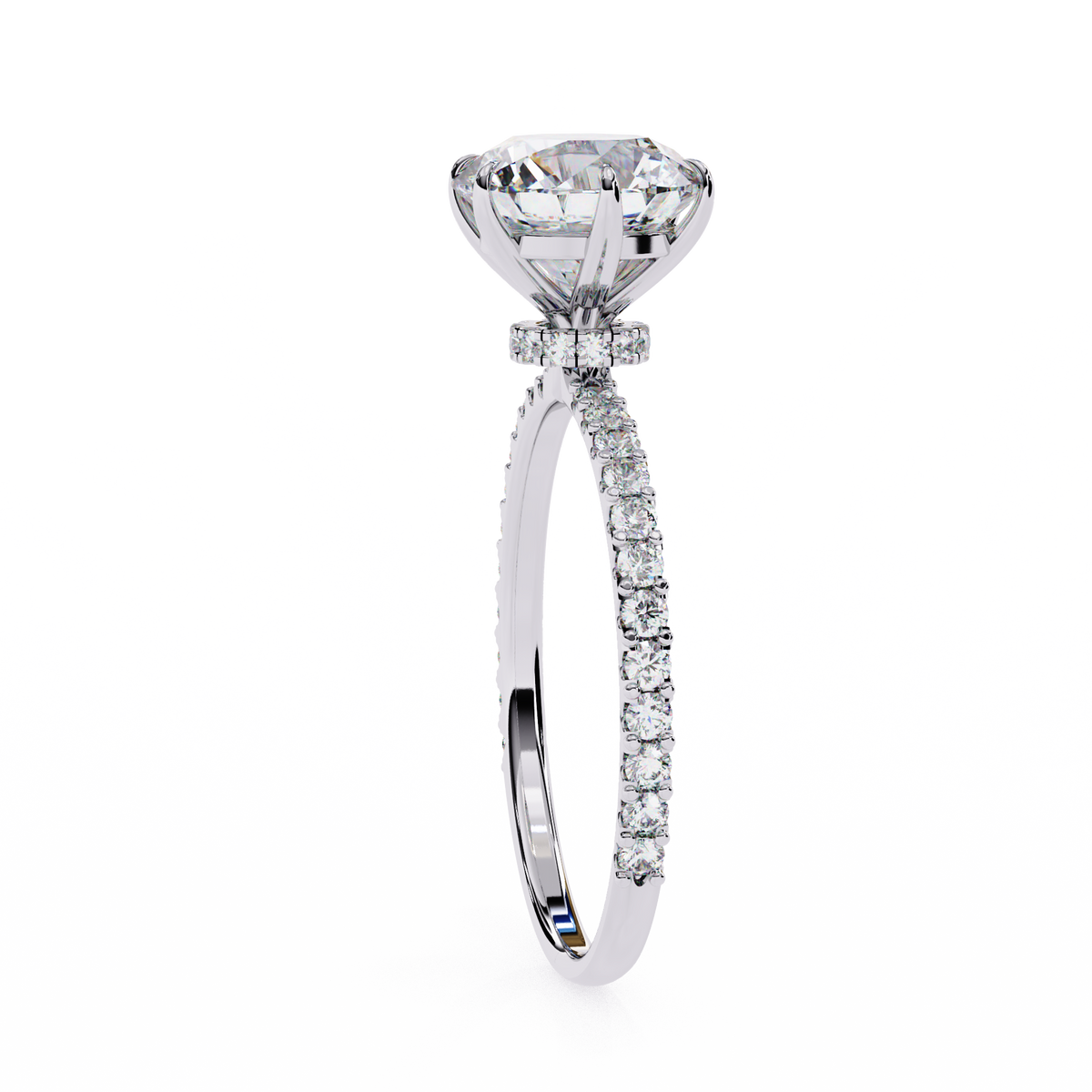 Diamond ring with a large central gemstone and smaller stones on the band against a white background
